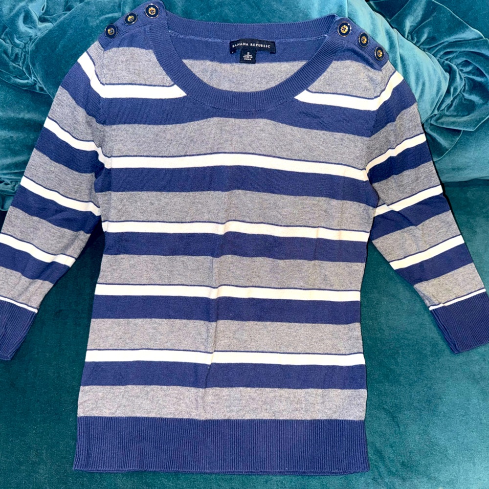 Banana Republic Striped Blue Gray White Sweater Size S Small Buttons